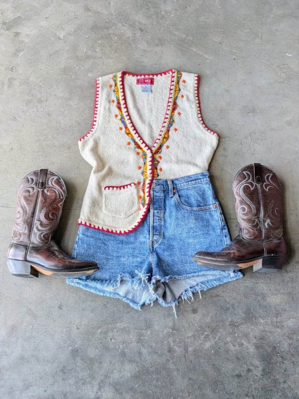 Vintage Coastal Cowgirl Western Silk Cotton Beaded Knit Sweater Vest large
